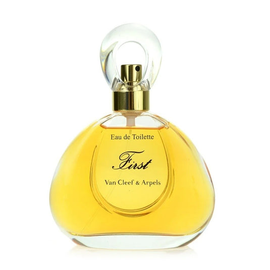 A bottle of Van Cleef & Arpels First (unboxed) 100ml Eau De Toilette sold by Rio Perfumes with a label on it.
