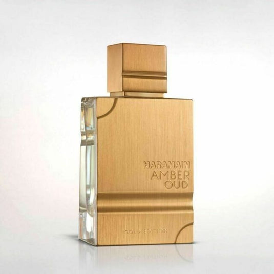 An Al Haramain Amber Oud Gold Edition perfume bottle on a white background.