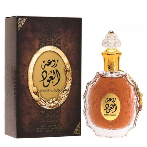 A woody spicy fragrance with arabic writing on its Lattafa Rouat Al Oud 100ml Eau De Parfum bottle, by Dubai Perfumes.