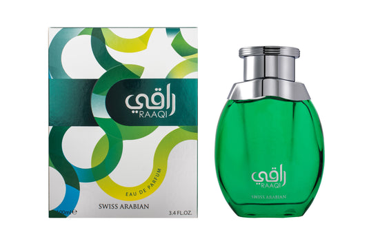 A bottle of Swiss Arabian Raaqi 100ml Eau De Parfum next to a fragrant box.
