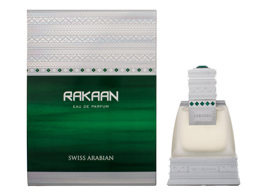 A bottle of Swiss Arabian Rakaan 50ml Eau De Parfum fragrance in a white box.