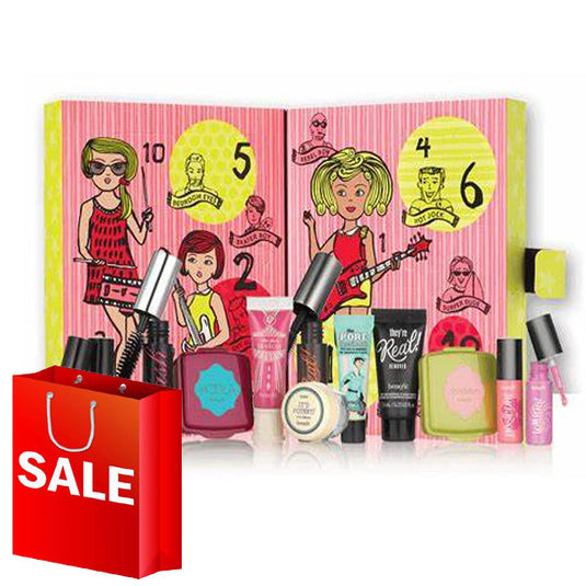 A shopping bag filled with Benefit's Girl O'Clock Rock Set of 12 Make-Up Products and whimsical packaging.