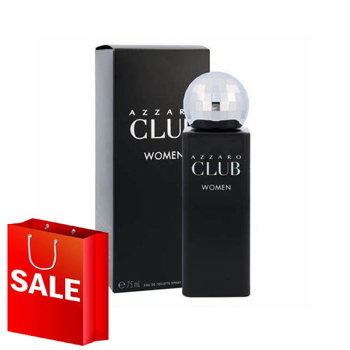 A bottle of Azzaro Club Women 75ml EDT from Rio Perfumes with a shopping bag.