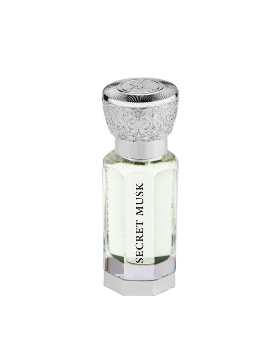 A bottle of Swiss Arabian Secret musk 12ml Concentrated Perfume Oil on a white background.