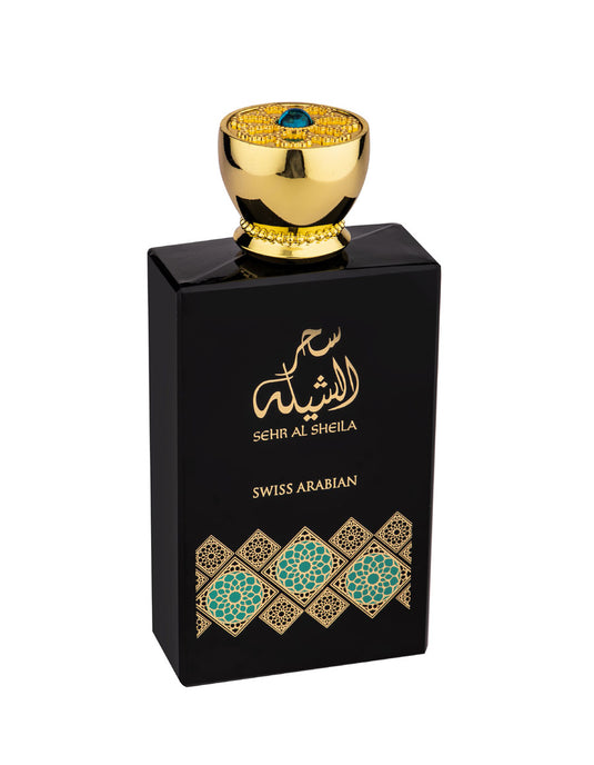 A bottle of Swiss Arabian Sehr al Shiela 100ml Eau De Parfum from Swiss Arabian on a white background, offering a captivating fragrance for women.