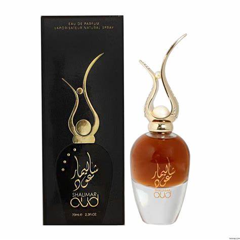 A bottle of Ard Al Zaafaran Shalimar Oud 70ml Eau de Parfum by Ard Al Zaafaran next to a box.