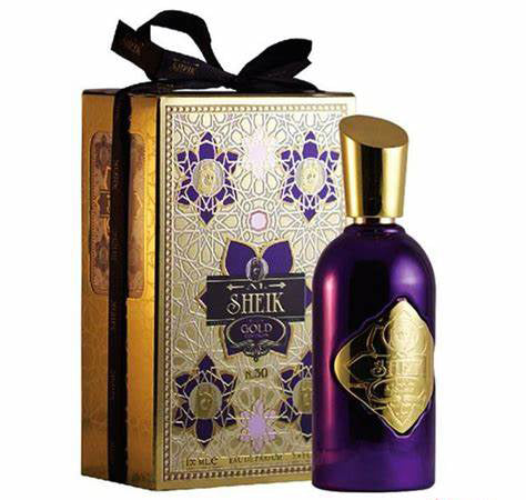 A bottle of Fragrance World Al Sheik Rich Gold Edition 100ml Eau de Parfum by Dubai Perfumes, placed elegantly in front of a gift box.