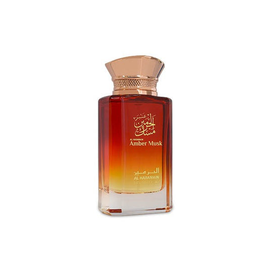 An Al Haramain fragrance, Al Haramain Amber Musk 100ml Eau De Parfum, showcased on a white background.
