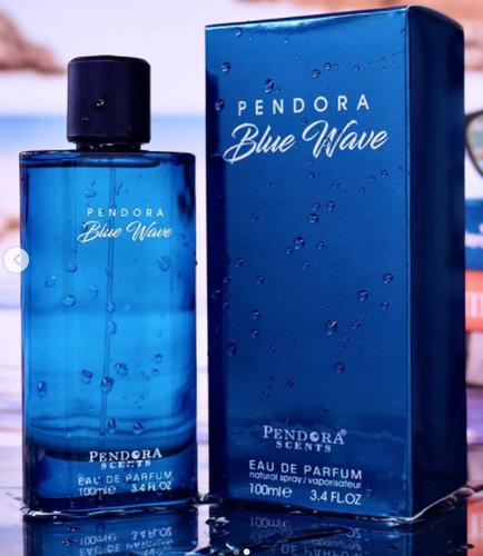 A bottle of Pendora Blue Wave 100ml Eau De Parfum by Dubai Perfumes.