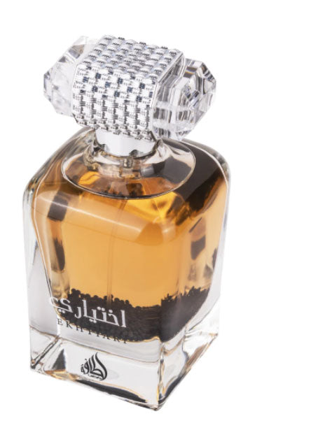 An Lattafa Ekhtiari 100ml Eau de Parfum with a black lid, suitable for both men and women.