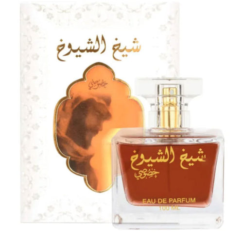 A Dubai Perfumes men's Lattafa Sheikh Shuyukh Khusoosi 100ml Eau de Parfum fragrance in a box with Arabic writing.