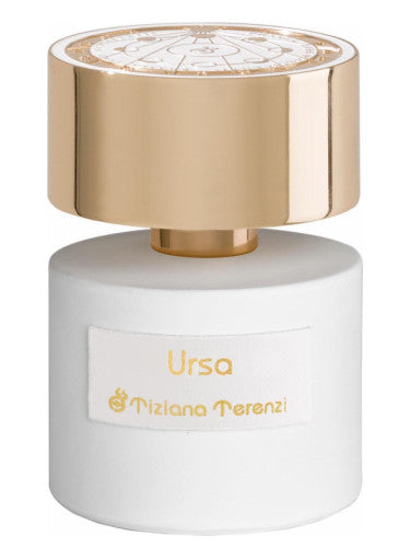 A bottle of Rio Perfumes Tiziana Terenzi Ursa Eau De Parfum 100ml Extrait De Parfum with a gold lid, suitable for both men and women.