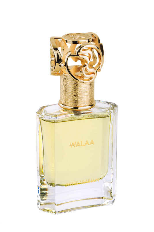 A dazzling bottle of gold perfume, Swiss Arabian Walaa 50ml Eau De Parfum, showcased against a pristine white background. The fragrance emanating from this Eau De Parfum is mesmerizing and captivating.