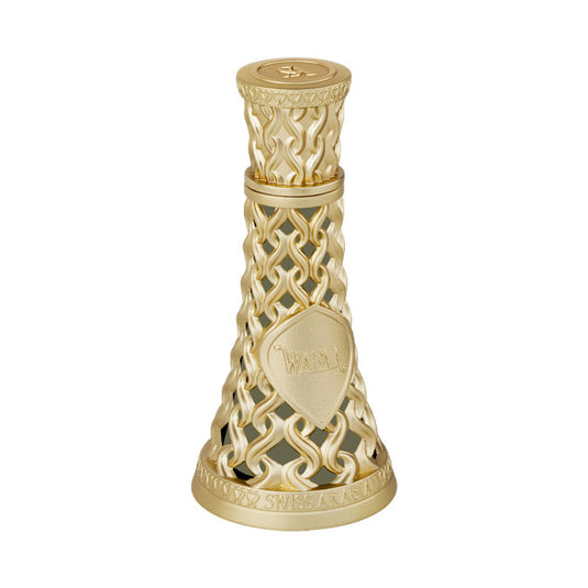 An ornate Swiss Arabian Wafaa 50ml Eau De Parfum perfume bottle on a white background.