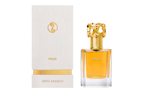 A bottle of Swiss Arabian Wajd 50ml Eau De Parfum embraced by a musky amber fragrance.