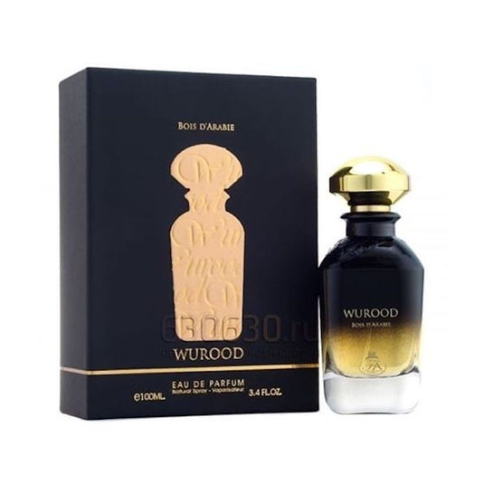 A bottle of Paris Corner Wurood Bois D’Arabie perfume in a gold box, promising an enchanting fragrance.