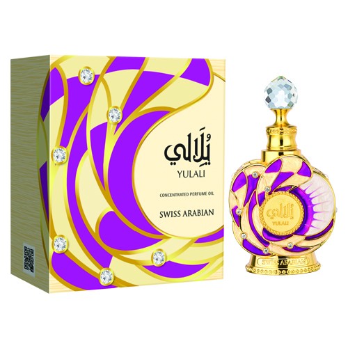 A Swiss Arabian 15ml bottle of perfume with a purple and gold design, infused with the Swiss Arabian Yulali fragrance, perfect for both men & women.