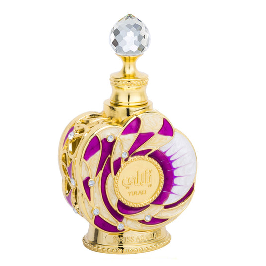 The Swiss Arabian Yulali 15ml Concentrated Perfume Oil by Swiss Arabian is beautifully presented in a gold and purple perfume oil bottle, set against a pure white background.
