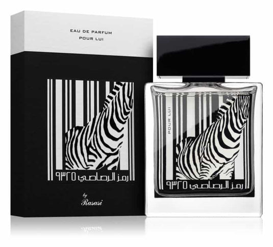 A bottle of Rasasi Rumz Al Rasasi pour lui Zebra 50ml Eau De Parfum with a zebra print box.