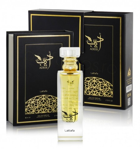 A Lataffa Adeeb 100ml Eau De Parfum bottle, either for men or women, with a box in front of it.
