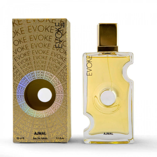 A bottle of Ajmal Evoke for Her 75ml Eau De Parfum in front of a box from Rio Perfumes.