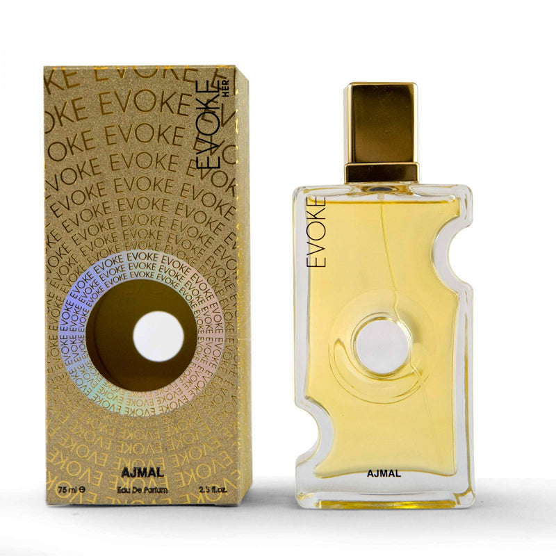 Load image into Gallery viewer, A bottle of Ajmal Evoke for Her 75ml Eau De Parfum in front of a box from Rio Perfumes.
