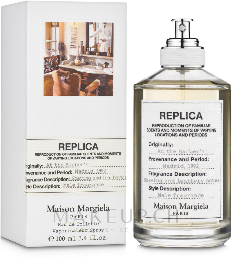 Load image into Gallery viewer, A 100ml bottle of Maison Martin Margiela Replica At The Barber&#39;s Eau De Toilette by Mason Margiela REPLICA displayed in front of a box.
