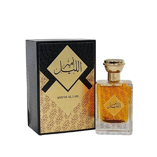 A luxurious bottle of Fragrance World Ameer Al Lail 100ml Eau de Parfum with a gold box.