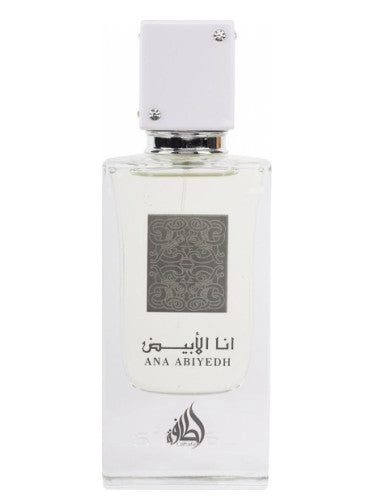 A bottle of Lataffa Ana Abiyedh 60ml Eau De Parfum on a white background.