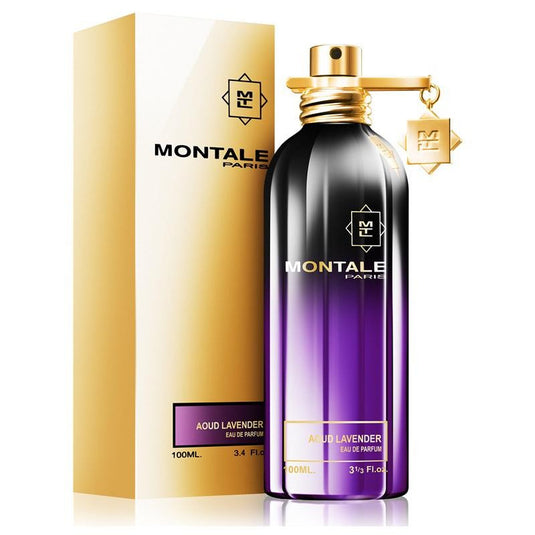 A bottle of Montale Paris Aoud Lavender 100ml Eau De Parfum in front of a box purchased from Rio Perfumes.