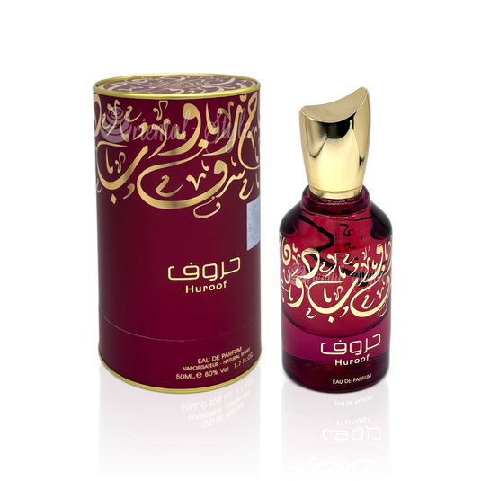 A bottle of Ard Al Zaafaran Huroof 50ml Eau De Parfum with a box next to it.
