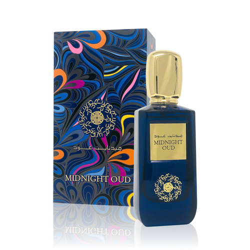 A bottle of Ard Al Zaafaran Midnight Oud edp perfume with a blue box.