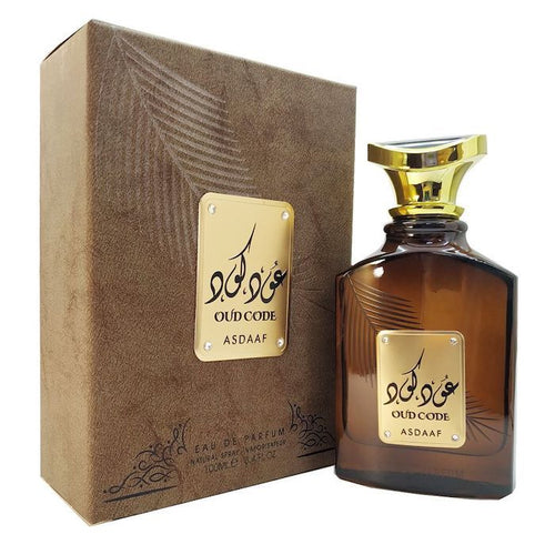A bottle of Asdaaf Oud Code 100ml Eau De Parfum cologne with a box next to it, offering a versatile fragrance for both men and women by Mural De Ruitz.