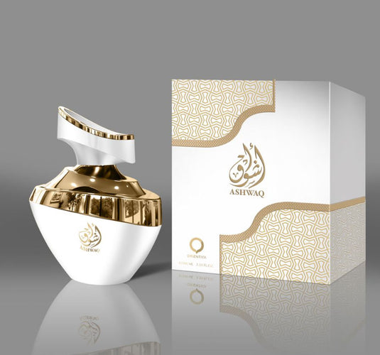 An Orientica Ashwaq 100ml Eau De Parfum bottle with arabic calligraphy, containing a captivating fragrance.