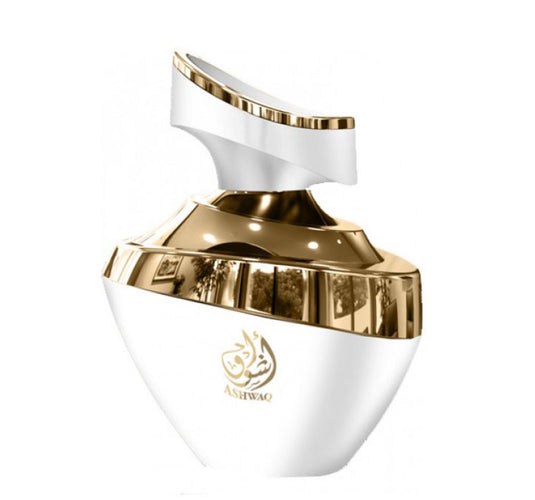 A stylish Orientica Ashwaq 100ml Eau De Parfum bottle featuring a white and gold design, suitable for both men and women, displayed on a sleek white background.