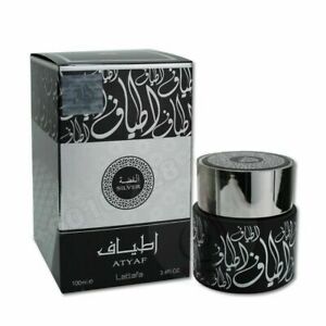 A bottle of Lattafa Atyaf Silver 100ml Eau de Parfum with arabic calligraphy, labeled as Lattafa Atyaf Silver.
