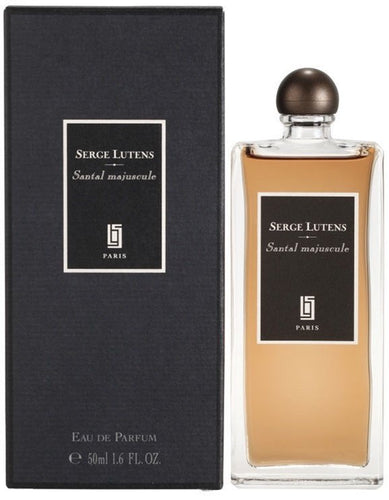 A fragrance bottle of Serge Lutens Santal Majuscule 50ml Eau De Parfum, elegantly packaged in a black box.