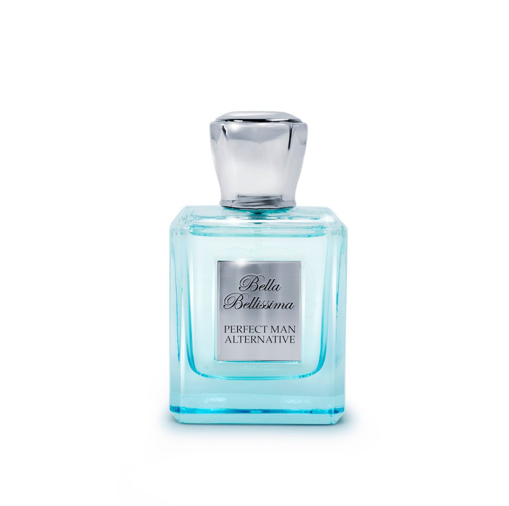 A square blue perfume bottle with a silver cap, labeled “Bella Bellissima Perfect Man Alternative” by Bella Bellissima, is displayed against a white background, capturing the fresh and invigorating spirit of an Aromatic Aquatic fragrance.