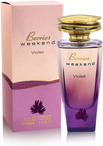 A bottle of Fragrance World Berries Weekend Violet 100ml Eau De Parfum.