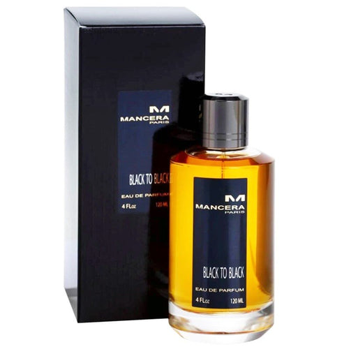 A bottle of Mancera Black to Black 120ml Eau De Parfum from Rio Perfumes with a box next to it.