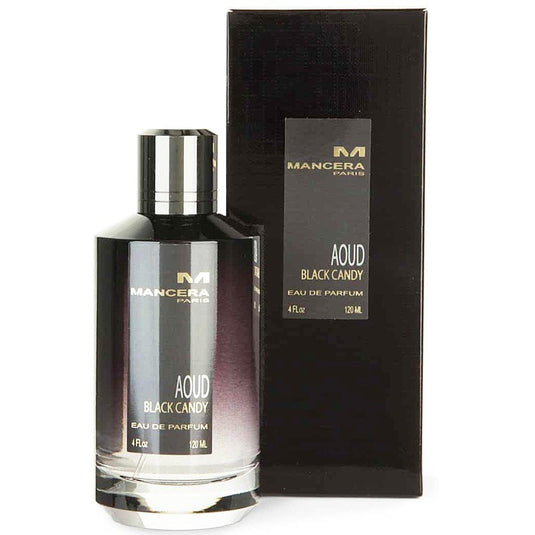 A bottle of Mancera Black Candy 120ml Eau De Parfum in front of a box, suitable for both men & women, emanating a captivating fragrance.