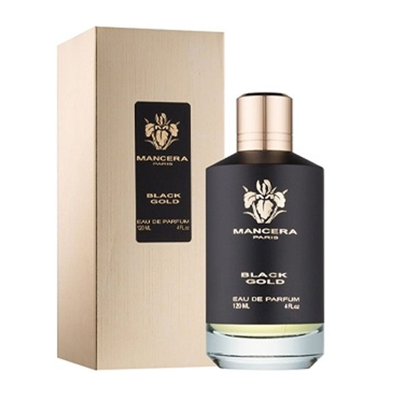 Load image into Gallery viewer, A bottle of Mancera Black Gold 120ml Eau De Parfum cologne in front of a box.
