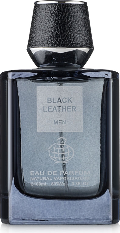 A bottle of Fragrance World Black Leather 100ml Eau De Parfum men cologne.