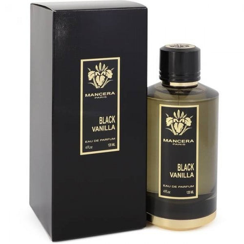 A bottle of Mancera Black Vanilla 120ml Eau De Parfum next to a box.