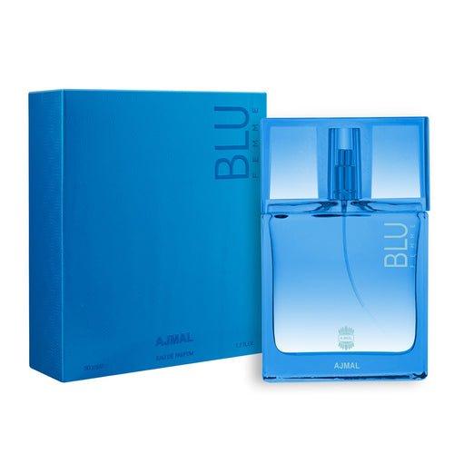 A bottle of Ajmal Blu Femme 50ml cologne next to a box from Rio Perfumes.