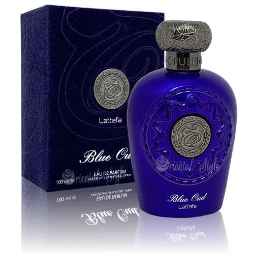 A fragrance box featuring Lattafa Blue Oud 100ml Eau De Parfum cologne for men and women.