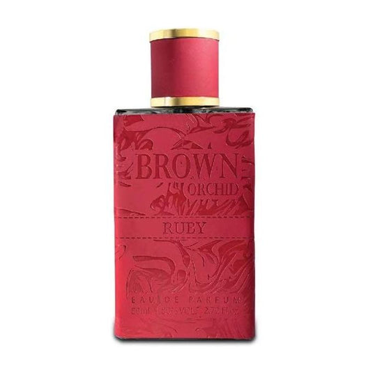 A bottle of Fragrance World Brown Orchid Ruby 80ml Eau de Parfum, a unisex fragrance, on a white background.