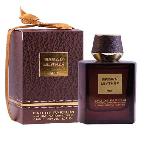 Load image into Gallery viewer, A bottle of Fragrance World Brown Leather 100ml Eau De Parfum with a brown box next to it.
