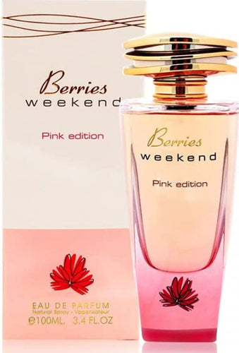 A bottle of Fragrance World Berries Weekend Pink Edition 100ml Eau De Parfum.