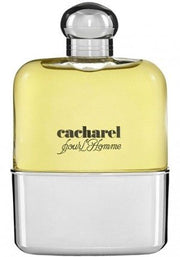 A 100ml clear glass bottle of Cacharel Pour Homme Eau de Toilette by Cacharel, showcasing yellow liquid with a silver base, rounded cap, and black text on the front—a classic men’s fragrance.